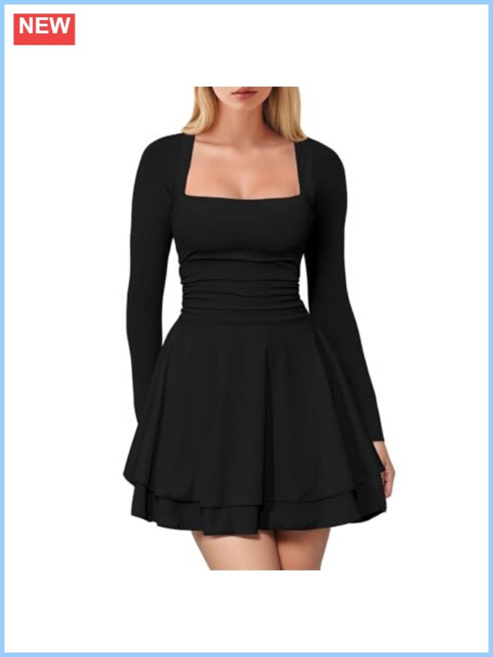 Women's Square Neck Long Sleeve Bodycon Mini Dress Stretchy Ruffle Hem Club